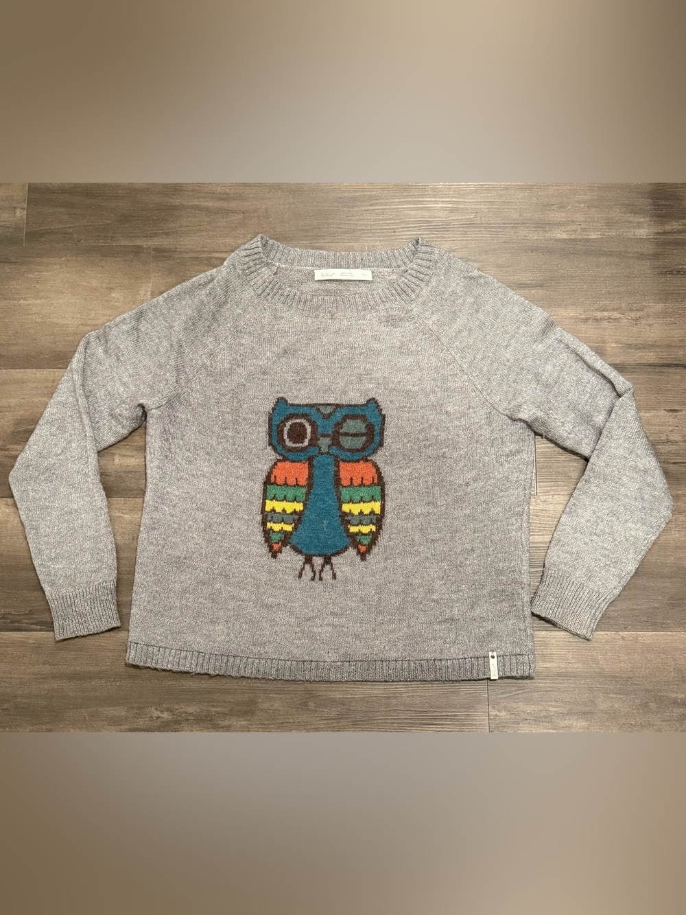 Wolffish Frost Grey Owl Knit Wool Sweater - Teal & Multicolor Size L